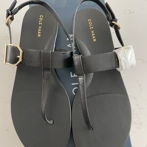 Cole Haan Black Leather T-Strap Sandals with Gold Buckle